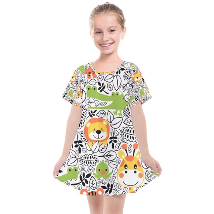 Seamless-pattern-with-wildlife-cartoon Kids  Smock Dress