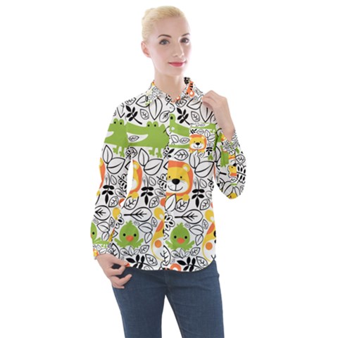 Seamless-pattern-with-wildlife-cartoon Women s Long Sleeve Pocket Shirt by uniart180623