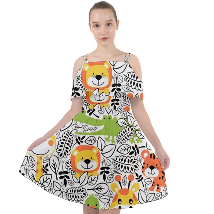 Seamless-pattern-with-wildlife-cartoon Cut Out Shoulders Chiffon Dress