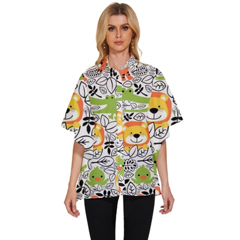 Seamless-pattern-with-wildlife-cartoon Women s Batwing Button Up Shirt by uniart180623