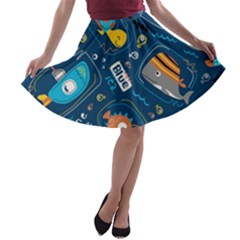 Seamless-pattern-vector-submarine-with-sea-animals-cartoon A-line Skater Skirt by uniart180623