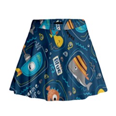 Seamless-pattern-vector-submarine-with-sea-animals-cartoon Mini Flare Skirt by uniart180623