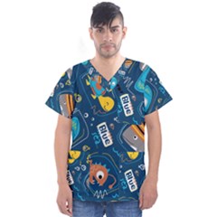 Seamless-pattern-vector-submarine-with-sea-animals-cartoon Men s V-neck Scrub Top