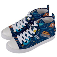 Seamless-pattern-vector-submarine-with-sea-animals-cartoon Women s Mid-top Canvas Sneakers by uniart180623