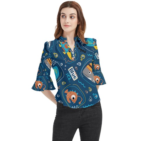 Seamless-pattern-vector-submarine-with-sea-animals-cartoon Loose Horn Sleeve Chiffon Blouse by uniart180623