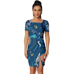 Seamless-pattern-vector-submarine-with-sea-animals-cartoon Fitted Knot Split End Bodycon Dress by uniart180623