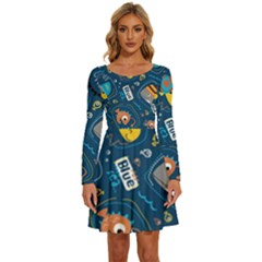 Seamless-pattern-vector-submarine-with-sea-animals-cartoon Long Sleeve Wide Neck Velvet Dress by uniart180623