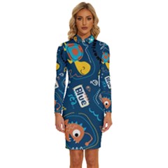 Seamless-pattern-vector-submarine-with-sea-animals-cartoon Long Sleeve Shirt Collar Bodycon Dress by uniart180623