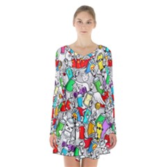 Graffiti-characters-seamless-pattern Long Sleeve Velvet V-neck Dress by uniart180623