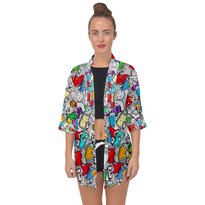 Graffiti-characters-seamless-pattern Open Front Chiffon Kimono