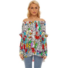 Graffiti-characters-seamless-pattern Off Shoulder Chiffon Pocket Shirt by uniart180623