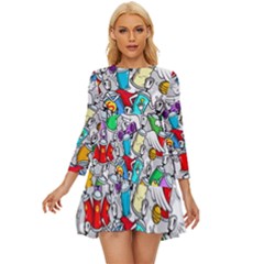 Graffiti-characters-seamless-pattern Long Sleeve Babydoll Dress by uniart180623