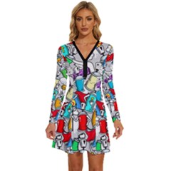 Graffiti-characters-seamless-pattern Long Sleeve Deep V Mini Dress 