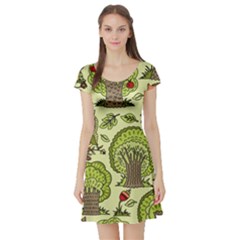 Seamless-pattern-with-trees-owls Short Sleeve Skater Dress by uniart180623