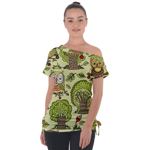 Seamless-pattern-with-trees-owls Off Shoulder Tie-up Tee by uniart180623