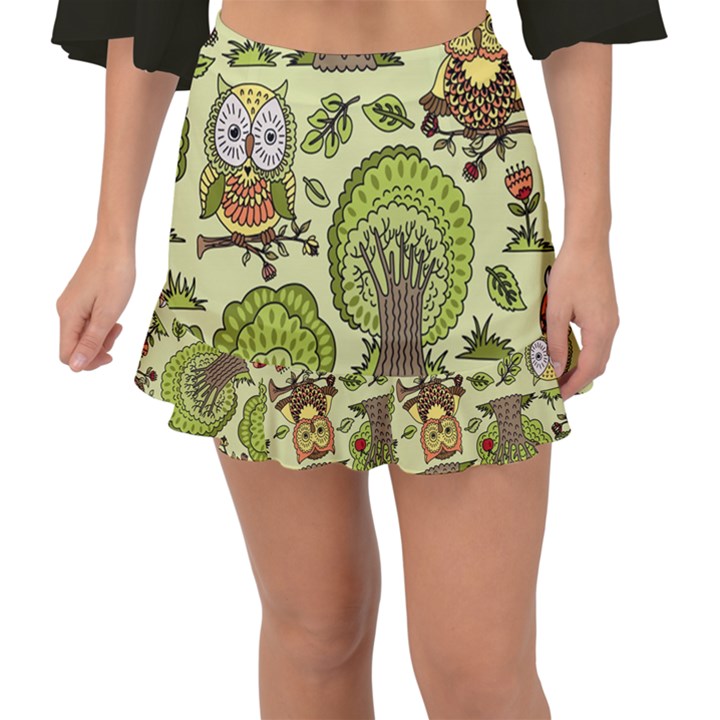 Seamless-pattern-with-trees-owls Fishtail Mini Chiffon Skirt