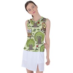 Seamless-pattern-with-trees-owls Women s Sleeveless Sports Top by uniart180623