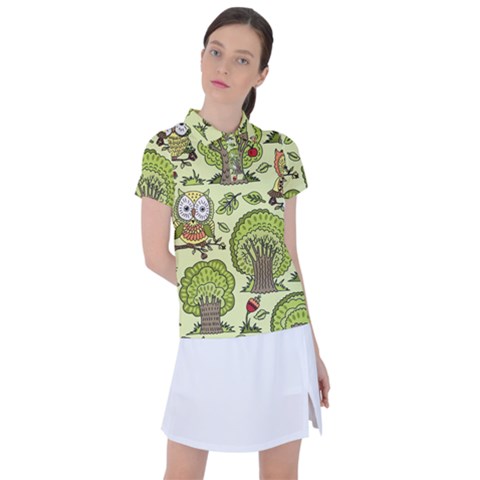 Seamless-pattern-with-trees-owls Women s Polo Tee by uniart180623