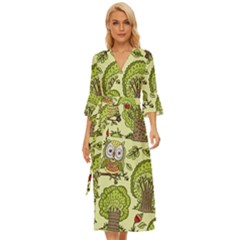 Seamless-pattern-with-trees-owls Midsummer Wrap Dress by uniart180623