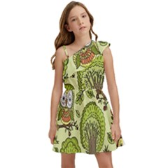 Seamless-pattern-with-trees-owls Kids  One Shoulder Party Dress by uniart180623