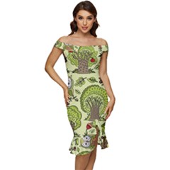 Seamless-pattern-with-trees-owls Off Shoulder Ruffle Split Hem Bodycon Dress