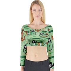 Seamless-pattern-fishes-pirates-cartoon Long Sleeve Crop Top by uniart180623