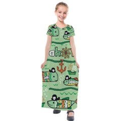 Seamless-pattern-fishes-pirates-cartoon Kids  Short Sleeve Maxi Dress by uniart180623