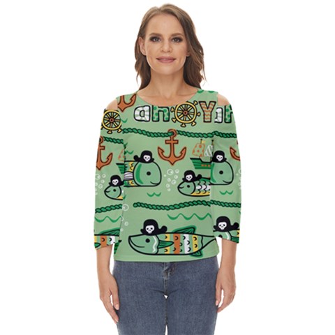 Seamless-pattern-fishes-pirates-cartoon Cut Out Wide Sleeve Top by uniart180623