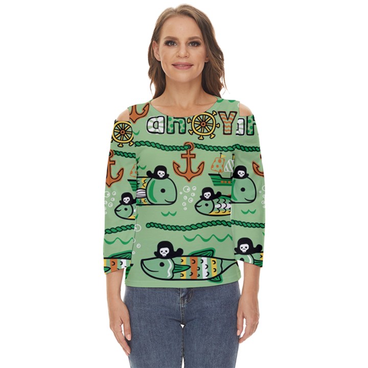 Seamless-pattern-fishes-pirates-cartoon Cut Out Wide Sleeve Top