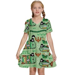 Seamless-pattern-fishes-pirates-cartoon Kids  Short Sleeve Tiered Mini Dress by uniart180623