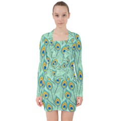 Lovely-peacock-feather-pattern-with-flat-design V-neck Bodycon Long Sleeve Dress by uniart180623