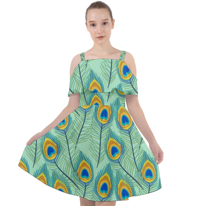 Lovely-peacock-feather-pattern-with-flat-design Cut Out Shoulders Chiffon Dress