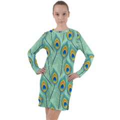 Lovely-peacock-feather-pattern-with-flat-design Long Sleeve Hoodie Dress by uniart180623