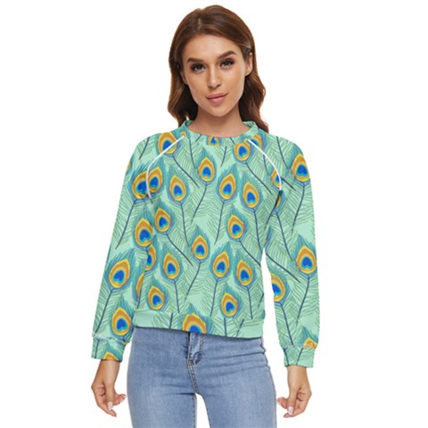 Lovely-peacock-feather-pattern-with-flat-design Women s Long Sleeve Raglan Tee by uniart180623