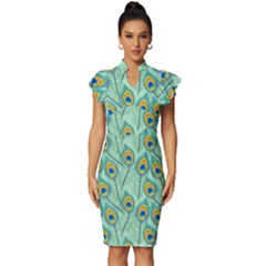 Lovely-peacock-feather-pattern-with-flat-design Vintage Frill Sleeve V-neck Bodycon Dress by uniart180623