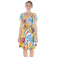 Colorful-city-life-horizontal-seamless-pattern-urban-city Short Sleeve Bardot Dress by uniart180623