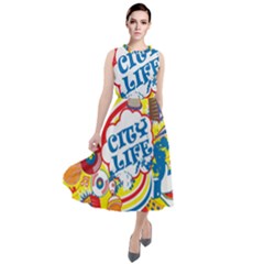 Colorful-city-life-horizontal-seamless-pattern-urban-city Round Neck Boho Dress by uniart180623