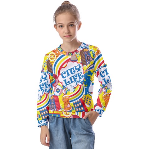 Colorful-city-life-horizontal-seamless-pattern-urban-city Kids  Long Sleeve Tee With Frill  by uniart180623