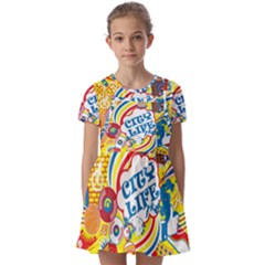 Colorful-city-life-horizontal-seamless-pattern-urban-city Kids  Short Sleeve Pinafore Style Dress by uniart180623