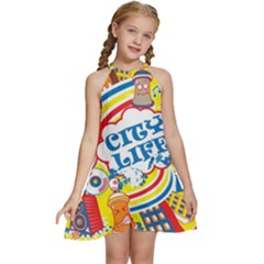 Colorful-city-life-horizontal-seamless-pattern-urban-city Kids  Halter Collar Waist Tie Chiffon Dress by uniart180623