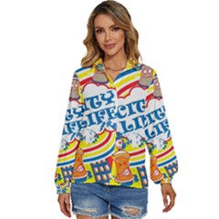 Colorful-city-life-horizontal-seamless-pattern-urban-city Women s Long Sleeve Button Up Shirt