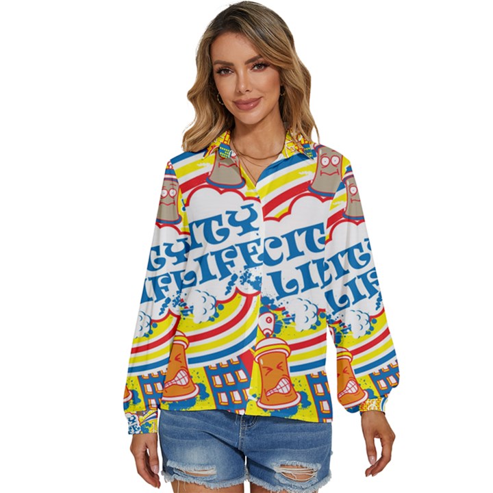 Colorful-city-life-horizontal-seamless-pattern-urban-city Women s Long Sleeve Button Up Shirt