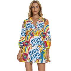 Colorful-city-life-horizontal-seamless-pattern-urban-city V-neck Placket Mini Dress by uniart180623