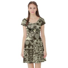 Four-hand-drawn-city-patterns Short Sleeve Skater Dress by uniart180623