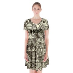 Four-hand-drawn-city-patterns Short Sleeve V-neck Flare Dress by uniart180623