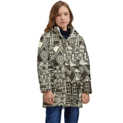 Four-hand-drawn-city-patterns Kids  Hooded Longline Puffer Jacket by uniart180623