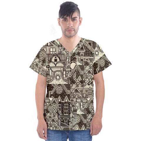 Four-hand-drawn-city-patterns Men s V-neck Scrub Top by uniart180623