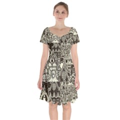 Four-hand-drawn-city-patterns Short Sleeve Bardot Dress by uniart180623