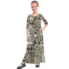 Four-hand-drawn-city-patterns Kids  Quarter Sleeve Maxi Dress by uniart180623