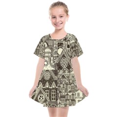 Four-hand-drawn-city-patterns Kids  Smock Dress by uniart180623